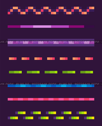Set of colorful lines on purple, neon dotted and wavy-line, shooting element of space pixel game, shiny laser collection, squared light or burst vector, pixelated cosmic object for mobile app games. Neon Lines Set, Space Pixel Game, Shoot Vector. Стоковая иллюстрация, агентство Ingram Publishing / Фотобанк Лори