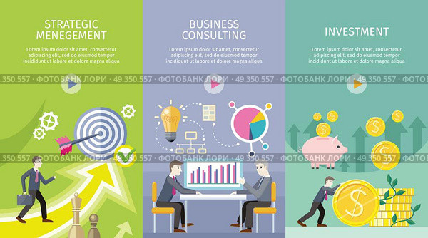 Set of Conceptual Business Vector Web Banners. Strategic management, business consulting, investment vector web banners. Increasing capital and profits. Success planning and expected development. Expert informational support of business. Стоковая иллюстрация, агентство Ingram Publishing / Фотобанк Лори