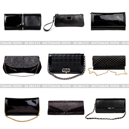 Set of dark,different female purses on a white background.9 pieces. Стоковое фото, агентство Ingram Publishing / Фотобанк Лори