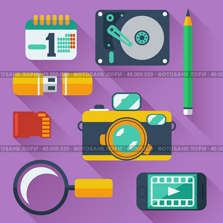 Set of data storage devices icons with digital camera, smartphone, HDD, memory card, USB and organizer. Стоковая иллюстрация, агентство Ingram Publishing / Фотобанк Лори