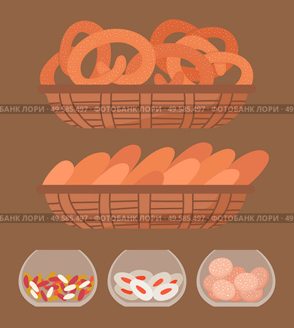 Set of different confectionery in bakeshop. Cookies, bread and candies on rack in market or bakery. Delicious pastry, tasty pretzels and baguette. Vector illustration of bakehouse in flat style. Tasty Pastry Bakery, Cookies and Bread in Basket. Стоковая иллюстрация, агентство Ingram Publishing / Фотобанк Лори