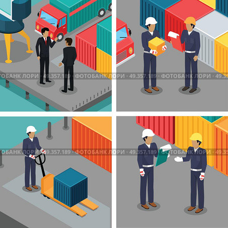 Set of Dock Workers at Warehouse. Vector. Set of dock workers at warehouse. Cargo worker and foreman. Supervisor check container data. Inspector control working process in seaport. Coworkers near cargo containers. Businessmen talking. Vector. Стоковая иллюстрация, агентство Ingram Publishing / Фотобанк Лори