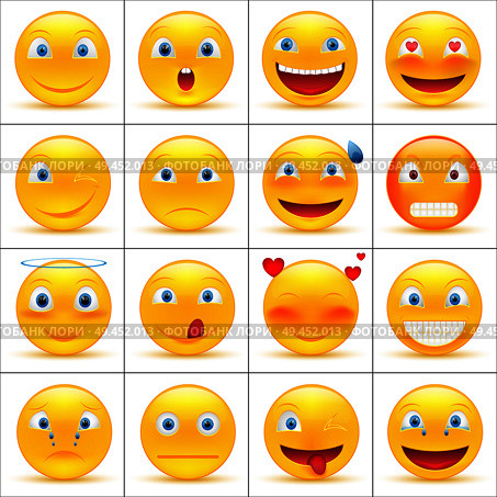 Set of emoticons, smiley faces icons or yellow emoji with different facial expressions in glossy 3D realistic, isolated on white background. Vector illustration. Стоковая иллюстрация, агентство Ingram Publishing / Фотобанк Лори