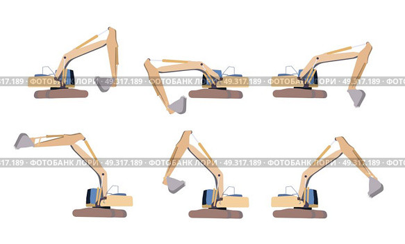 Set of Excavator work. Isolated on White Background.. Set of Excavator work. Isolated. Стоковая иллюстрация, агентство Ingram Publishing / Фотобанк Лори