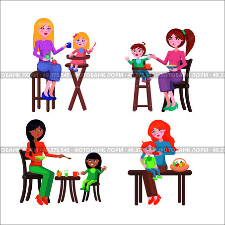 Set of four mothers, who feeds their children. Two mothers with boys and two with girls, two babies sit on highchairs, one at the table and one on the mother s lap. Vector illustration for Mother Day.. Set of Mothers and Children. Happy Mother Day Set. Стоковая иллюстрация, агентство Ingram Publishing / Фотобанк Лори
