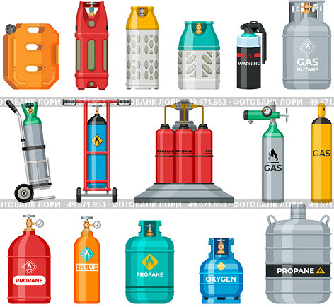 Set of gas cylinders, canisters with fuel, aerosol cans. Metal containers with liquefied compressed helium, oxygen, propane. Different pressurized gas cylinders, storage for liquid vector illustration. Set of gas cylinders, canisters with fuel, aerosol cans. Containers with helium, oxygen, propane. Стоковая иллюстрация, агентство Ingram Publishing / Фотобанк Лори