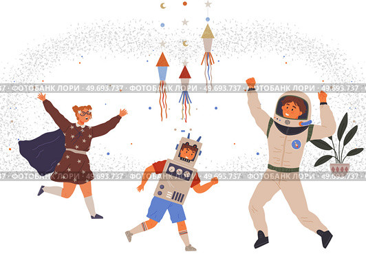 Set of happy people in different costumes for space party. Characters dressed as astronauts, explorers. Outfit for holiday in cosmic style. Men and women in creative self made suits for costume party. Set of happy people in different costumes for space party. Characters in creative self made outfits. Стоковая иллюстрация, агентство Ingram Publishing / Фотобанк Лори