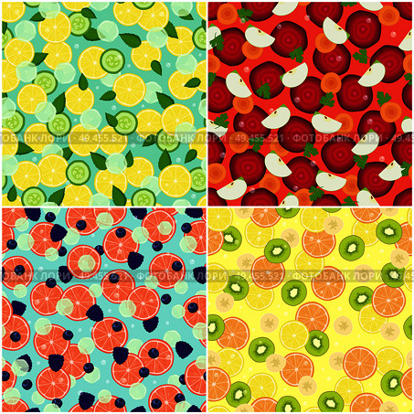 Set of healthy organic fruits and vegetables seamless pattern with cut grapefruits, blueberries and blackberries, beet and carrot detox diet ingredients. Set Healthy Organic Fruits and Vegetables Seamless. Стоковая иллюстрация, агентство Ingram Publishing / Фотобанк Лори