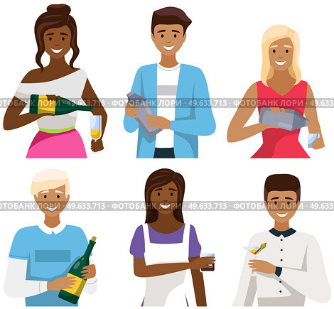 Set of illustrations about bartenders working with drinks in bar. People mix, create and serve cocktails to guests. Barmans holding equipment and bottles of bar drinks isolated on white background. Set of illustrations about bartenders working with drinks. People mix, create and serve cocktails. Стоковая иллюстрация, агентство Ingram Publishing / Фотобанк Лори