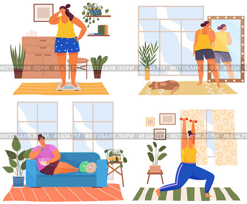 Set of illustrations about girl with excess weight spending time at home. Overweight person doing sports and eating healthy food to lose weight. Women lift dumbbells, stand on scales, eat fast food. Set of illustrations about girl with excess weight doing sports and eating healthy food at home. Стоковая иллюстрация, агентство Ingram Publishing / Фотобанк Лори