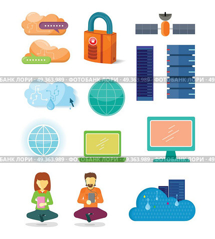 Set of internet icons in flat design. Networking technologies. Server, cloud, laptop, monitor, globe, lock,  satellite, user illustrations for hosting company, cloud services ad. Isolated on white  . Set of Network Technologies Icons in Flat Design  . Set of Network Technologies Icons in Flat Design  . Стоковая иллюстрация, агентство Ingram Publishing / Фотобанк Лори