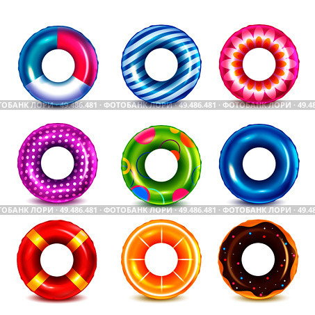 Set of isolated color inflatable rubber swimming rings realistic images with colourful pattern on blank background vector illustration. Стоковая иллюстрация, агентство Ingram Publishing / Фотобанк Лори