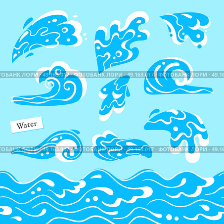 Set of isolated sea or ocean wave, splashes of water and seamless pattern marine stream. Tidal gale shape with foam.. Set of isolated sea or ocean wave, splashes of water and seamless pattern marine stream. Tidal gale shape with foam. Vector illustration. Стоковая иллюстрация, агентство Ingram Publishing / Фотобанк Лори