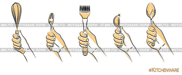 Set of kitchen accessories. Hand holds whisk, silicone cooking brush, fork, spoon, vertical peeler for vegetables and fruits. Use for menu design, recipes, and kitchen goods. Sketch, linear drawing. Набор кухонных принадлежностей. Рука держит венчик для взбивания, силиконовую кулинарную кисточку, вилку, ложку, вертикальную овощечистку для овощей и фруктов. Используйте для дизайна меню, рецептов и кухонных товаров. Эскиз, линейный рисунок. Стоковая иллюстрация, иллюстратор Dmitry Domashenko / Фотобанк Лори