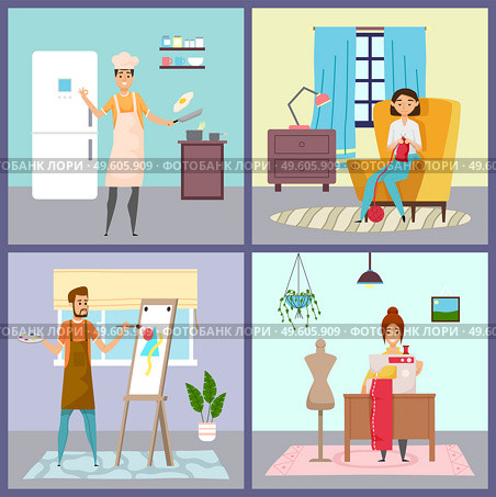 Set of leisure activities at home. Man smiling cooking eggs. Young girl knitting scarf. Artist or young man painting abstract picture at easel. Happy woman seamstress sewing at sewing machine. Set of leisure activities at home, man cooking eggs, woman knitting, artist painting, sewer sewing. Стоковая иллюстрация, агентство Ingram Publishing / Фотобанк Лори