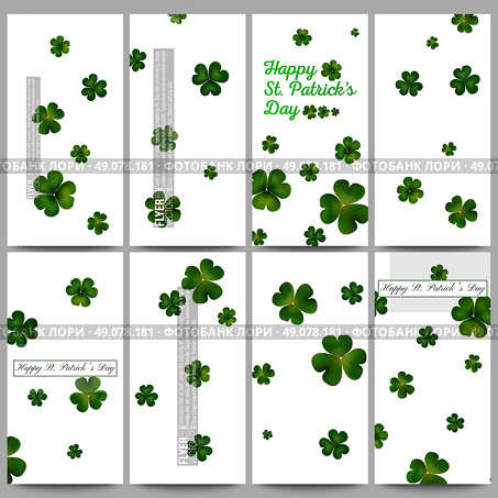 Set of modern vector flyers. St Patricks day vector background, green clovers on white. Стоковая иллюстрация, агентство Ingram Publishing / Фотобанк Лори