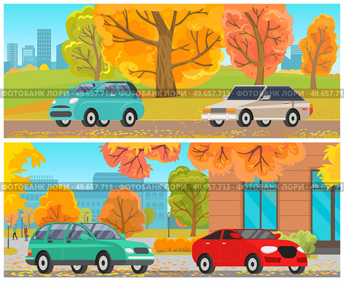 Set of modes of transport and machine shapes. Cars of different types with tinted glass in background of landscape of nature or city. Crossover, hatchback, pickup vehicle is riding in autumn park. Cars of different types with tinted glass in background of landscape of nature in autumn park. Стоковая иллюстрация, агентство Ingram Publishing / Фотобанк Лори