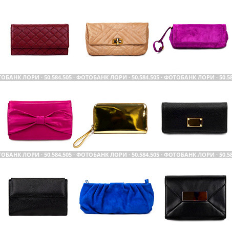 Set of multicolored female purses on a white background.9 pieces. Стоковое фото, агентство Ingram Publishing / Фотобанк Лори