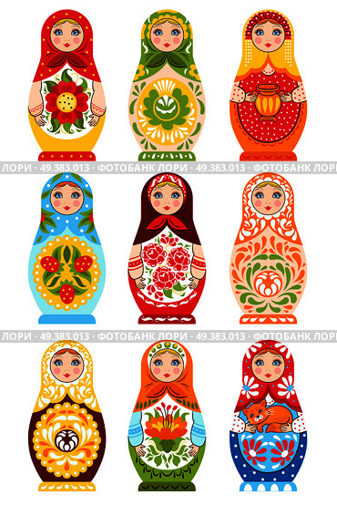 Set of nine colorful nesting dolls painting in traditional handmade russian ornament isolated vector illustration. Set Of Nine Colorful Nesting Dolls. Стоковая иллюстрация, агентство Ingram Publishing / Фотобанк Лори