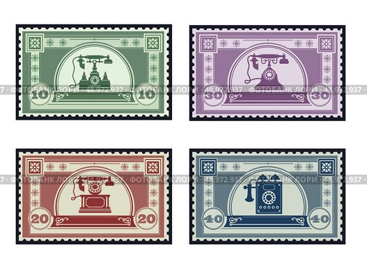 Set of old postage stamps on the theme of communication and telephony. Стоковая иллюстрация, агентство Ingram Publishing / Фотобанк Лори