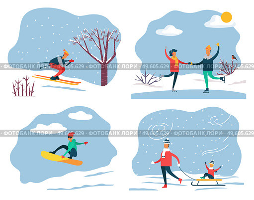 Set of people on winter vacation leading active and sportive lifestyle. Skiing and snowboarding, couple ice skating. Father pulling sleds with son sitting on it. Family weekends in wintertime vector. Winter Extreme Activities, Snowboarding Skiing. Стоковая иллюстрация, агентство Ingram Publishing / Фотобанк Лори