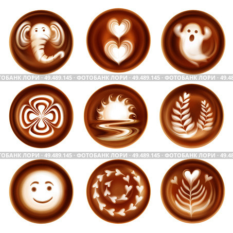 Set of realistic latte art images compositions from hearts and leaves ghost and elephant isolated vector illustration. Стоковая иллюстрация, агентство Ingram Publishing / Фотобанк Лори