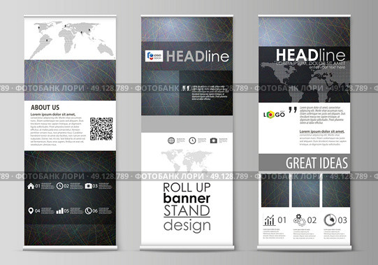Set of roll up banner stands, flat design templates, abstract geometric style, modern business concept, corporate vertical vector flyers, flag layouts. Colorful dark background with abstract lines. Bright color chaotic, random, messy curves. Colourful vector decoration. Стоковая иллюстрация, агентство Ingram Publishing / Фотобанк Лори