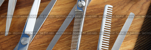 Set of scissors and combs on wooden table. Profession hairdresser concept. Set of scissors and combs on wooden table closeup. Стоковое фото, агентство Ingram Publishing / Фотобанк Лори