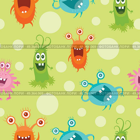 Set of Seamless Pattern with Good and Bad Bacteria. Set of seamless patterns with good and bad bacteria cartoon characters. Funny virus germs in flat style. Microbes endless texture. Dangerous organisms parasites. Wallpaper design. Vector illustration. Стоковая иллюстрация, агентство Ingram Publishing / Фотобанк Лори