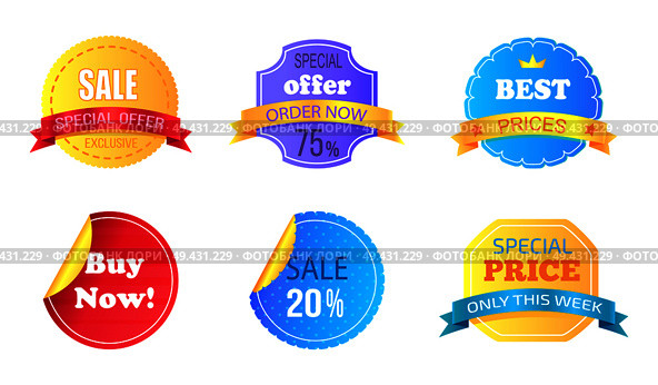 Set of special offer and best price stickers or badges with round and octagon tags with lettering isolated on white background, vector illustration. Set of Special Sale Stickers Vector Illustration. Стоковая иллюстрация, агентство Ingram Publishing / Фотобанк Лори