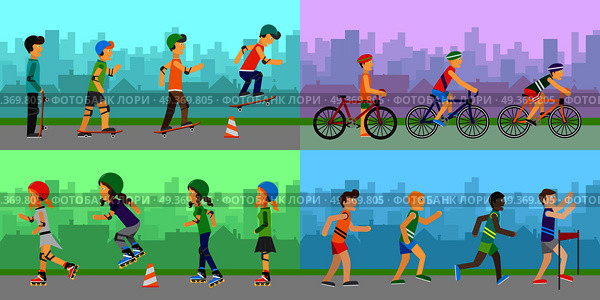 Set of sport concepts with active peoples. Running, skating, biking, rollerblading illustrations. Summer fun. Moving activity and healthy life. Equipment for sports. Victory in sport competition.  . Sport Entertainment Vector Concepts in Flat Design. Стоковая иллюстрация, агентство Ingram Publishing / Фотобанк Лори