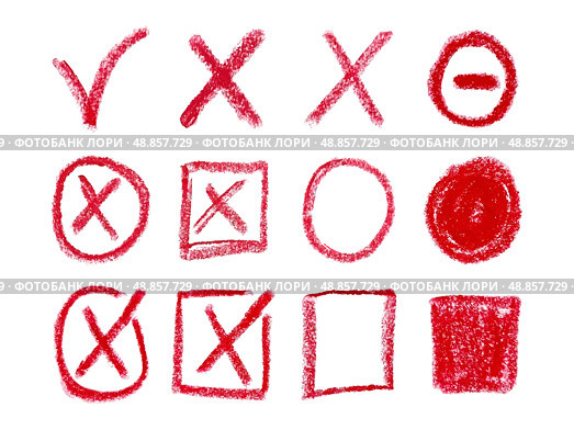 Set of Ticks, Crosses and Circles with Charcoal Pencil. Hand Drawn Chalk Checklist, Checkbox, Red Tick and Signs Circle, Square in Sketch Style. Doodle Elements Yes Green. Correct, Incorrect Symbols. Редакционная иллюстрация, иллюстратор Tosunyan Lusine / Фотобанк Лори