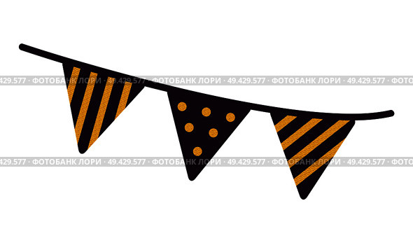 Set of tree festive flags icon isolated on white background. Vector illustration with two stripped and one dotted golden-black triangle hanging flags. Set of Tree Festive Flags Vector Illustration. Стоковая иллюстрация, агентство Ingram Publishing / Фотобанк Лори