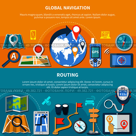 Set of two horizontal navigation banners with isolated icons of maps gadgets and course charting apps vector illustration. Routing Directions Banners Collection. Стоковая иллюстрация, агентство Ingram Publishing / Фотобанк Лори