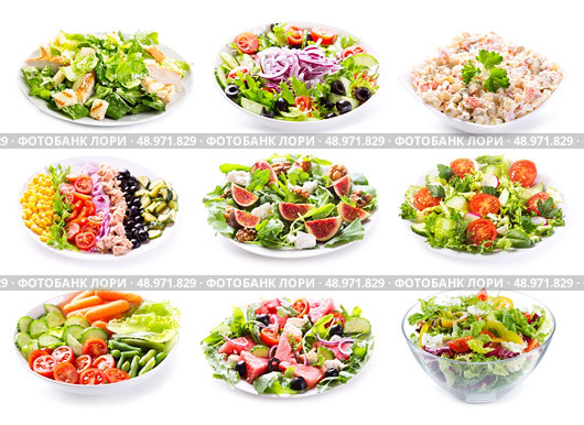 set of various salads on white background. Стоковое фото, агентство Ingram Publishing / Фотобанк Лори