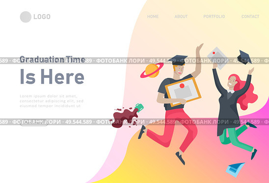 Set of web page design templates with smiling graduates people in graduation gowns holding diplomas and happy Jumping. Modern vector illustration concepts for website and mobile website development. Set of web page design templates with relaxed learning people outdoor for online education, training and courses. Modern vector illustration concepts for website and mobile website. Стоковая иллюстрация, агентство Ingram Publishing / Фотобанк Лори