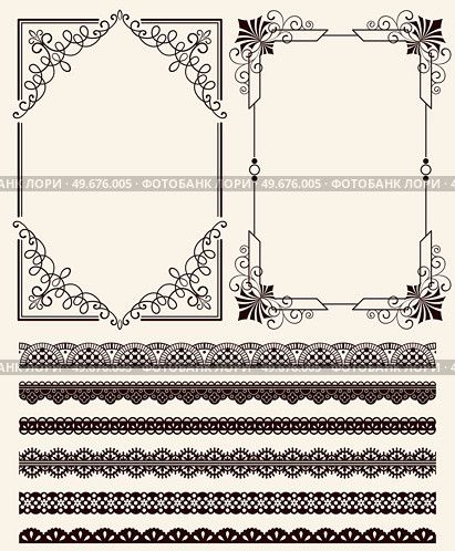 Set of wide lace ribbons and frames with ornament. Black design elements isolated in retro style. Pattern for creating vintage style, decor design. Lace decoration template, frameworks. Set of wide lace ribbons and frames ornament in retro style. Pattern for creating style, vintage decor design. Стоковая иллюстрация, агентство Ingram Publishing / Фотобанк Лори