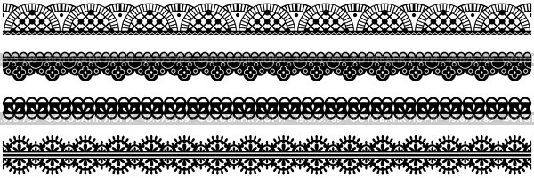 Set of wide lace ribbons with print. Black design elements isolated on white background. Seamless pattern for creating style of card with ornaments. Lace decoration template, ribbons for design. Seamless pattern for creating cards style. Lace decoration template, ribbon with ornament for design. Стоковая иллюстрация, агентство Ingram Publishing / Фотобанк Лори