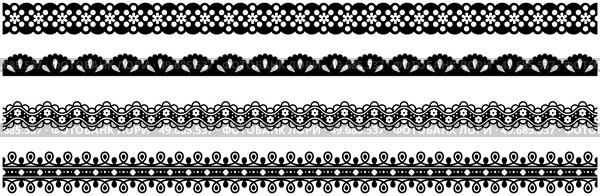 Set of wide lace ribbons with print. Black design elements isolated on white background. Seamless pattern for creating style of card with ornaments. Lace decoration template, ribbons for design. Seamless pattern for creating cards style. Lace decoration template, ribbon with ornament for design. Стоковая иллюстрация, агентство Ingram Publishing / Фотобанк Лори