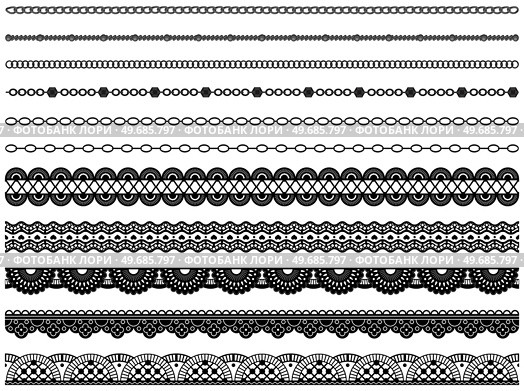 Set of wide lace ribbons with print. Black design elements isolated on white background. Seamless pattern for creating style of card with ornaments. Lace decoration template, ribbons for design. Seamless pattern for creating cards style. Lace decoration template, ribbon with ornament for design. Стоковая иллюстрация, агентство Ingram Publishing / Фотобанк Лори