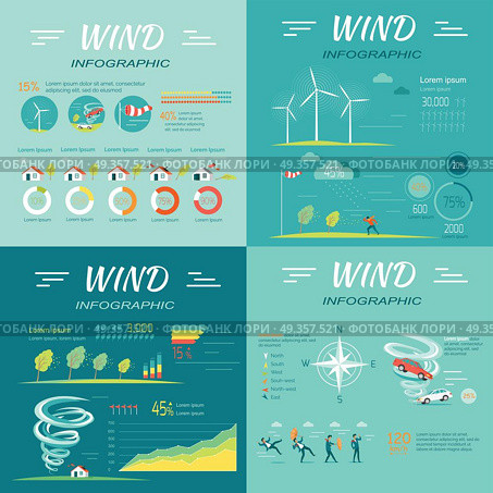 Set of wind infographic vectors. Flat style. People attacked wind, cars lifted vortex, compass rose,  topple trees, wind turbines illustrations, diagrams, data and text elements for climate concept. Set of Wind Infographics Vector Illustrations. Set of Wind Infographics Vector Illustrations. Стоковая иллюстрация, агентство Ingram Publishing / Фотобанк Лори
