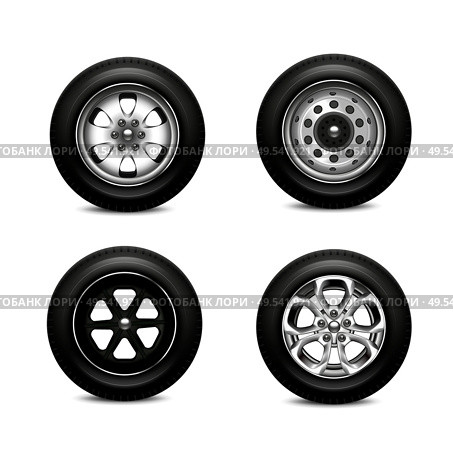 Set with four isolated car wheels realistic images with metal alloy wheels and rubber tyre tread vector illustration. Стоковая иллюстрация, агентство Ingram Publishing / Фотобанк Лори