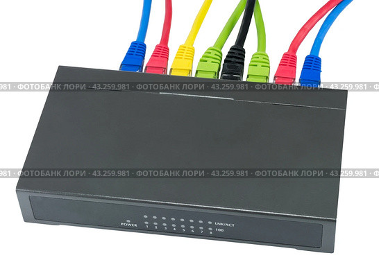 Сетевой коммутатор с подключенными разноцветными сетевыми кабелями. Closeup of network cables connected to router on white. Стоковое фото, фотограф Татьяна Д / Фотобанк Лори