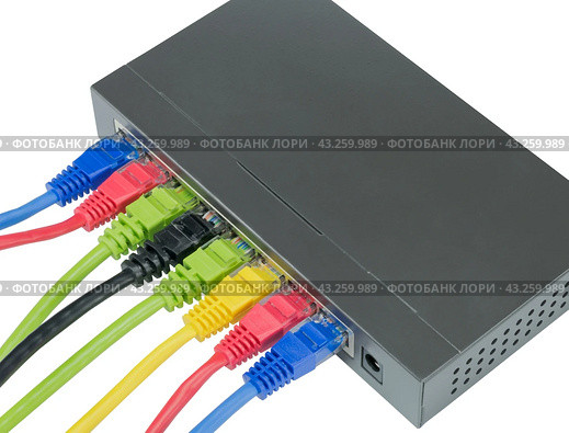 Сетевой коммутатор с подключенными разноцветными сетевыми кабелями. Closeup of network cables connected to router on white. Стоковое фото, фотограф Татьяна Д / Фотобанк Лори