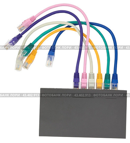 Сетевой коммутатор с подключенными разноцветными сетевыми кабелями. Closeup of network cables connected to router on white. Стоковое фото, фотограф Татьяна Д / Фотобанк Лори