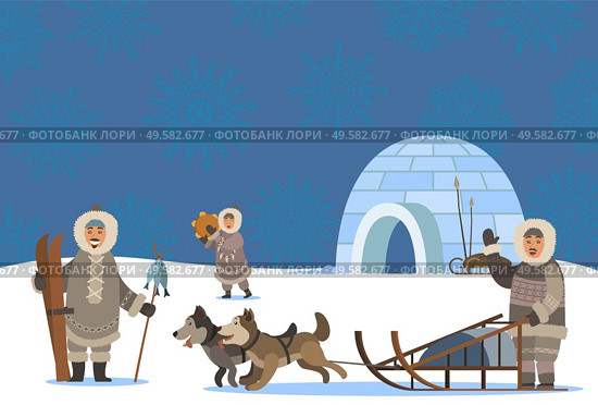 Settlement of arctic people. Characters living in cold climate. Igloo house made of ice cubes. Man traveling using sledges and husky dogs. Male with spire and hunted fish on stick, vector in flat. Arctic People Settlement, Igloo and Inuits Village. Стоковая иллюстрация, агентство Ingram Publishing / Фотобанк Лори