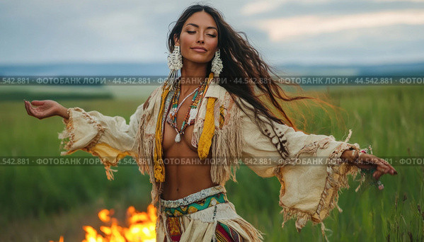 Shaman woman dancing in front of fire in nature with open arms. Стоковое AI-изображение, AI-художник Юрий Поздников / Фотобанк Лори
