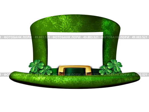 Shamrock hat blank sign belonging to a Leprechaun as a white banner with a green lucky top as a classic St Patricks day symbol and luck icon of Irish tradition celebration with magical four leaf clover decorations. Стоковое фото, агентство Ingram Publishing / Фотобанк Лори