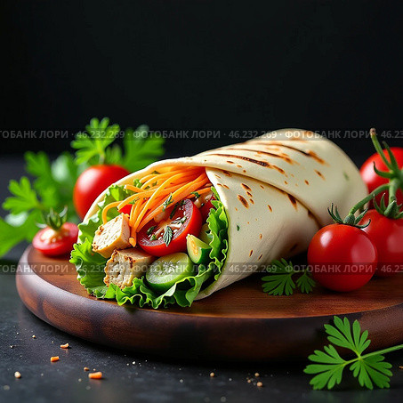 Шаурма с курицей и овощами на деревянной доске с соусом на столе, украшенном зеленью и помидорами черри. Быстрое питание, служба доставки. Shawarma with chicken and vegetables on a wooden board with sauce on a table decorated with greens and cherry tomatoes. Fast food, delivery service. Стоковое AI-изображение, AI-художник Гер Олег / Фотобанк Лори