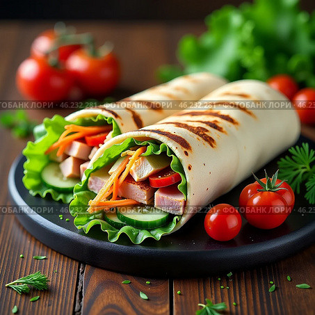 Шаурма с курицей и овощами на деревянной доске с соусом на столе, украшенном зеленью и помидорами черри. Быстрое питание, служба доставки. Shawarma with chicken and vegetables on a wooden board with sauce on a table decorated with greens and cherry tomatoes. Fast food, delivery service. Стоковое AI-изображение, AI-художник Гер Олег / Фотобанк Лори